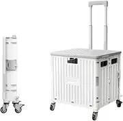 Viviendo Foldable Shopping Trolley, 65L Collapsible Utility Cart, Folding Portable Crate Handcart with Omni-Directional Wheels and Metal Telescopic Handle - White
