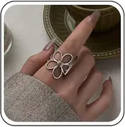 [Sttiafay] Vintage Daisy Flower Rings Silver Adjustable Open Ring Large Flower Hollow Ring Adjustable Knuckle Finger Rings Jewelry for Women, Zinc, No Gemstone
