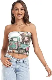 [RPLIFE] Beautiful Pink Highland Cow White Tube Crop Tops for Women, Trendy Crop Tops, Sheer Tube Tops, Beach Tube Tops (S)