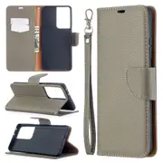 For Samsung Galaxy S21 Ultra Case Lychee Texture Folio PU Leather Wallet Cover, Kickstand, Lanyard, Grey