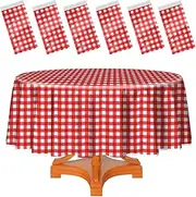 HEIPINIUYE 6 Pack Red and White Round Checkered Tablecloth 84 ×84 Red Plaid Table Cover Disposable Tablecloth for Round Tables Party Picnic Camping Birthday Checkered Round Plastic Table Cloth
