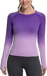 [MathCat] Long Sleeve Workout Tops for Women, Gradient Running Athletic Shirts, Seamless Breathable Tops with Thumb Holes