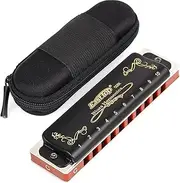 Harmonica Key of C 10 Hole 20 Tone Harmonica C Blues with Case Top Grade Heavy Duty for Professional Player,Beginner,Students,Children,Kids Gift(East Top)- Black