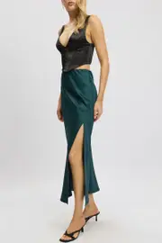 Green Slip Skirt High Waist Front Split Midaxi Satin - Size 8XS, Women's Midi Skirt