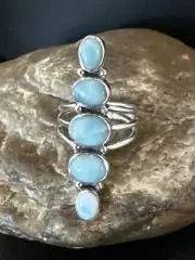 WoMens Cluster Blue Larimar Navajo Sterling Silver Ring Size 7.5 15978