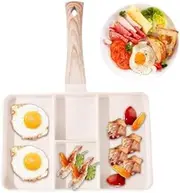 CARRORABI Section Square Grill Pan Divided Frying Pan, Egg Poacher Frying Pan Heat Resistant Handle Section Skillet for Breakfast (White)