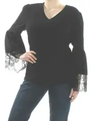 Nine West Womens Lace Trim V-Neck Peasant Top, Black, X-Large
