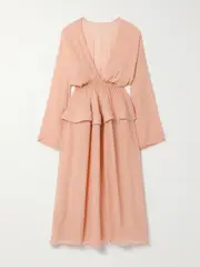 [Alaïa] Alaïa - Gathered Georgette Peplum Midi Dress - Peach - FR 38 FR 38 Orange