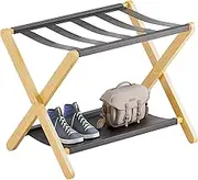 Luggage Rack, Folding Suitcase Stand with Storage Shelf, Premium Bamboo Luggage Holder for Guest Room, Bedroom, Hotel, Closet, Holds up to 135 lb (Natural)
