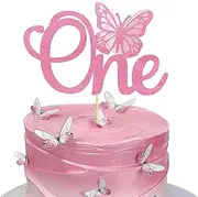1 Pack Butterfly One Cake Topper Pink Glitter Baby Shower Butterfly 1st Birthday Cake Pick Decorations for Butterfly Theme Baby Shower Kids 1st Birthday Party Supplies