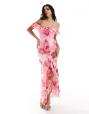 ASOS DESIGN Pink frill bardot bias cut maxi dress in floral print Women's 8 NWT