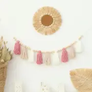 Boho Yarn Tassel Garland Pink Banner with Wood Beads Wall Hanging for