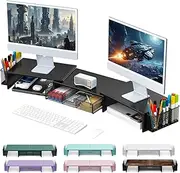 Gianotter Dual Monitor Stand Riser, Desk Organizer With Drawer and Pen Holders, Metal Computer Monitor Stand, Black