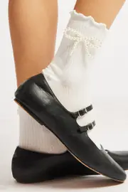 White Frill Socks with Pearl Bow - Size ONE, Women's Gift