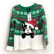 Its Our Time Sweater Unisex Size M, Christmas French Bulldog Green Sequin Hat$40