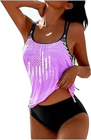 [Tilenko] American Flag Print Swim Suits for Women 2024 Patriotic Modest Bathing Suit Two Piece Modest Tankini Sets