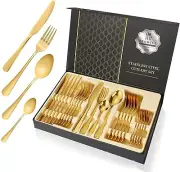 Gold Silverware Set with Box, Gold Flatware Gift for Housewarming Neighbor Cu...