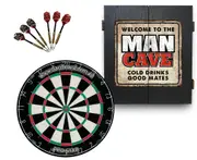 Pro Star Dart Board + Welcome to the Man Cave Dartboard Cabinet + Darts