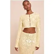 Butter Yellow Floral Sheer Button Cropped Top, Butter Yellow