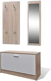 vidaXL 3-in-1 Wooden Shoe Cabinet Set in Oak and White, Stylish and Durable, Ample Shoe Storage, Coat Rack with Metal Hooks, Large Wood-Framed Mirror