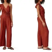 Three Floor Margaux Burgundy Striped Sleeveless Ruffle Belted Jumpsuit Sz 2 NEW