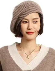 [Ailaile] Cashmere Berets Hats Women Winter Warm Merino Wool Knitted Oversized Beige Beanie