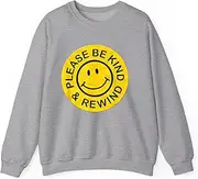 [Generic] Be Kind Rewind Retro Nostalgia Yellow Sticker 80s 90s Sweatshirt for Adults Crew Neck Long Sleeve Pullover