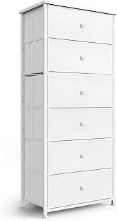 Tall Fabric Dresser for Bedroom, Vertical Storage Organizer Tower with 6 Drawers, Chest of Drawers with Bins, Steel Frame, Wood Top for Bedroom, Closet, Entryway White