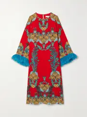 [Borgo de Nor] Borgo de Nor - Seraphina Feather-trimmed Printed Crepe Midi Dress - Red - UK 6 UK 6 Red