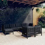 Patio Sets 10 Piece Garden Lounge Set with Cushions Black Solid Pinewood