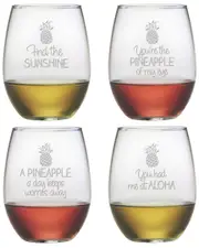 Susquehanna Glass Set of 4 Pineapple Talk Assortment Stemless Wine Glasses