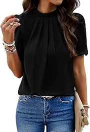 [AILLOSA] Women's Spring and Summer Temperament Casual Solid Color Half-High Neck Lace Short Sleeve Top