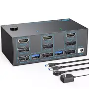 8K KVM Switch 3 Monitors 2 Computers Triple Monitor 2 Displayport 1.4 and HDMI 2