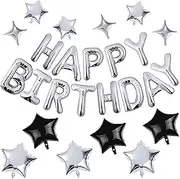 Lumjoy Happy Birthday Banner Set 13pcs 16-Inch Silver Foil Letter Balloons with 12 Star Balloons for Kids & Adults Party Decorations