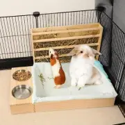 Wooden Rabbit Hay Feeder with Litter Box Bowls Water Feeder Hay Bunny Hay Manger