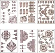 Temporary Tattoos, Henna Tattoos Brown Red Tattoos Sticker Lace Temporary Tattoos Waterproof Body Stickers for Women Girls Body Art 6Sheets