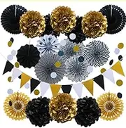 Party Decoration, 21 Pcs Black and Gold Hanging Paper Fans, Pom Poms Flowers, Garlands String Polka Dot and Triangle Bunting Flags for Birthday Parties Wedding Décor, Table & Wall Decorations