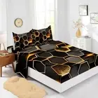 Geometric Black Gold Bedding Set Size,Geometry Theme Fitted Full Honeycomb