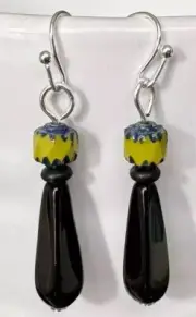 Silver, Black Teardrop and Avocado Green Bead Earrings
