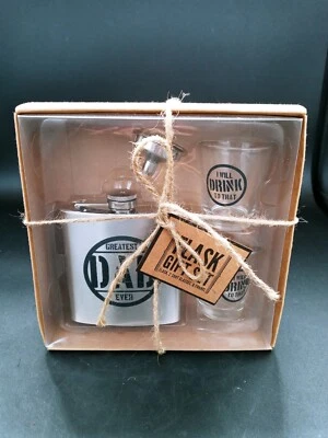 NIB - TMD HOLDINGS Greatest Dad Flask Set Flask, 2 Shot Glasses & Funnel