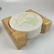 Set of 4 Corelle Eloquence Coasters in Wooden Holder Green Carnations NOS New