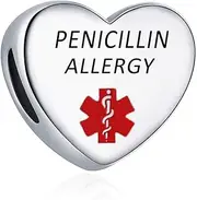 OutstandLong Heart Alert ID Silver Charm Emergency First Aid Laser Engraved Health Alert Bead for Pandora Bracelets