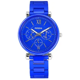 【FOSSIL】限量版 Carlie 優雅迷人 三眼三針 日本機芯 陶瓷手錶 寶藍色 38mm(LE1097)