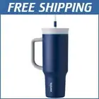 Triple-Layer Insulated Tumbler with Straw & Carry Handle - Dark Blue Starfish