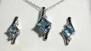 Beautiful emerald cut Blue Topaz & diamond Necklace & Earrings 925 Marsala /box