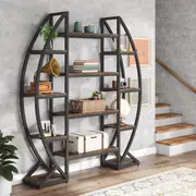 Oval Bookshelf Triple Wide 5 Tier Etagere Bookcase Industrial Display Shelves