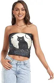 [RPLIFE] Cute Black Cat Crop Top, Strapless Tops for Women Summer, Mesh Tube Tops, Trendy Crop Tops (S), Cute Black Cat, Medium