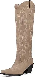 [DANAZANA] Knee High Wide Calf Cowgirl Boots Women Western Cowboy Boots Pointed Toe Embroidered Boots With Side Half Zip For Lady Boots Size 7-10
