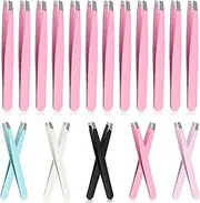 Glarks 12Pcs Pink Eyebrow Tweezers Stainless Steel Slanted Tip Tweezers Professional Facial Hair Eyebrow Precision Tweezers for Men and Women