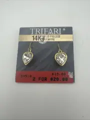 14K Gold Filled Wire Trifari Earrings Dangle Gold Tone Heart Rhinestone New